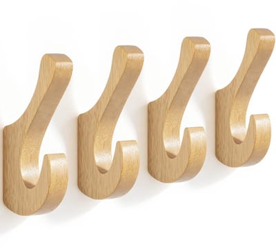 4Pcs Houten Jashaken, Dubbele Kledinghaken, Verdikte Wandhaken voor Inkomhal Gang Slaapkamer Badkamer Keuken