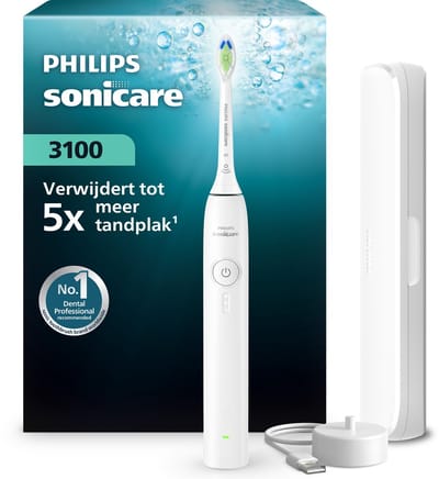 Philips Sonicare 3100 Series – Elektrische Tandenborstel – Wit – Wittere tanden – Met reisetui – HX4033/21