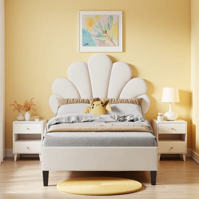 Gestoffeerd kinderbed 90 x 200 cm, bedframe met bloemvormig hoofdeinde, eenpersoonsbed voor tienermeisjes, beige fluwelen stof