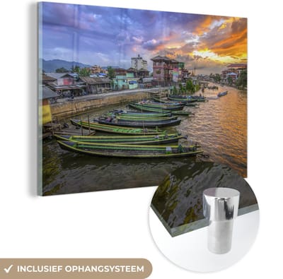 ® Glasschilderij 180x120 cm - Schilderij acrylglas - Vissen - Boten - Zonsondergang - Foto op glas - Muurdecoratie woonkamer - Wanddecoratie slaapkamer - Schilderijen