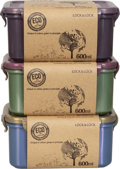 Lock&Lock ECO Vershoudbakjes - Diepvriesbakjes - Meal prep bakjes - 600 ml - Set 3 stuks - 100% Gerecycled Plastic - Lekvrij - Duurzaam - Zero Waste - Magnetron bakjes met deksel - Diepvriesdozen - Snackdoosjes - Bewaarbakjes - Vershouddoos