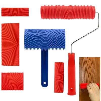 6 stuks Houtnerf Schilder Tool Set – Houtnerfroller met handvat – Houtnerf Roller Structuur Rolle - Gereedschap voor houtnerfstructuren – Houtnerfstempel – Ideaal voor doe-het-zelf wand- en meubeldecoratie – Rood