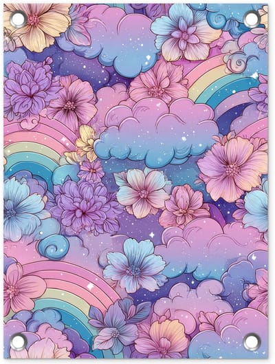 Tuinposter 30x40 cm - Tuindecoratie Regenbogen - Bloemen - Kleurrijk - Wolken - Poster voor in de tuin - Buiten decoratie - Schutting tuinschilderij - Tuindoek muurdecoratie - Wanddecoratie balkondoek