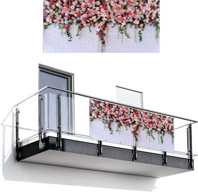 Balkonscherm 200x90 cm - Balkonposter Bloemen - Roze - Planten - Wit - Muur - Balkon scherm decoratie - Balkonschermen - Balkondoek zonnescherm