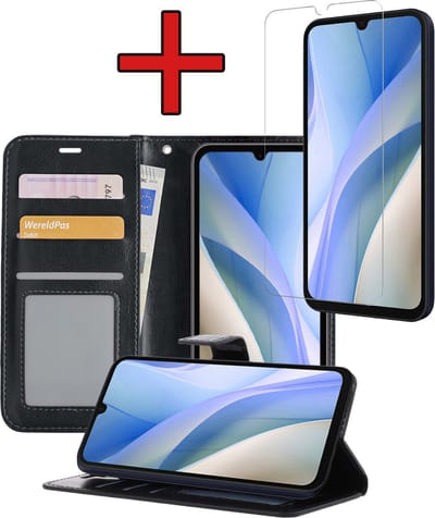 Hoesje - Met Screenprotector - Geschikt voor Samsung Galaxy A15 - Luxe Pasjeshouder - Flipcase - Bookcase Portemonee - Flip Case - Kunstleer Book Case - Book Cover - Walletcase - Portemonneehoes - Telefoonhoes - Zwart