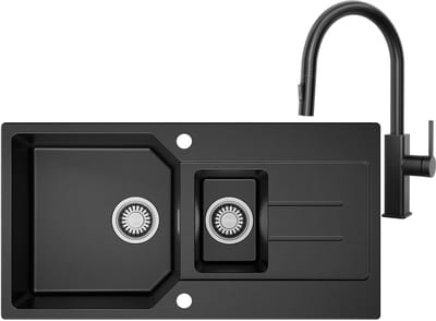 Anycee max Granieten Keuken 86x45CM - Spoelbak Keuken 1.5 Met Keukenkraan met Uittrekbare Uitloop - Spoelbakken Keuken Met Primaire en Tweede Bak - Wasbak Keuken - Incl. Sifon en Afvoerzeefje - Zwart