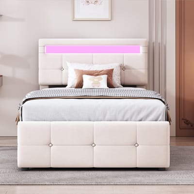 MEUNIQ kinderbed 90x200 cm met LED-verlichting, hydraulische opbergruimte, verstelbaar hoofdbord, lattenbodem en stoffen bekleding voor kinderkamer, beige