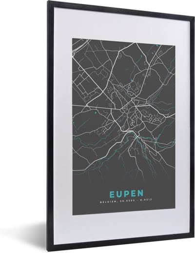 Fotolijst incl. Poster - Plattegrond – Eupen – Blauw – Stadskaart - Kaart - 40x60 cm - Posterlijst
