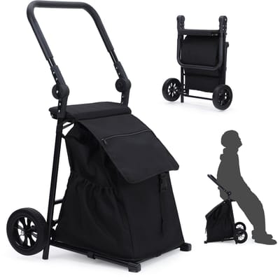 2-In-1 Opvouwbare Boodschappenwagen Met Afneembare Waterdichte Tas En Ingebouwde Zitting - Zwart