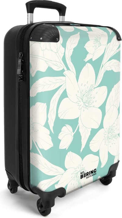 NoBoringSuitcases.com® - Handbagage koffer lichtgewicht - Blauwe reiskoffer trolley - Rolkoffer op wieltjes met witte bloemen - Travel luggage suitcase - Vakantie - Past binnen 55x40x20 en 55x35x25