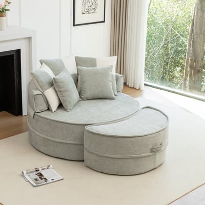 MIVRAY Chaise Longue 121 Cm - Ronde Loungestoel Met Hocker En 5 Kussens - Voor Woonkamer En Slaapkamer - Chenille Mintgroen