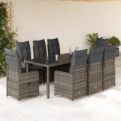 vidaXL - 9-delige - Bistroset - met - kussens - poly - rattan - grijs