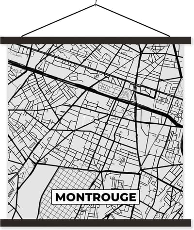 Posterhanger incl. Poster 60x60 cm - Schoolplaat - Frankrijk - Montrouge - Stadskaart - Plattegrond - Kaart - Textielposter - Zwarte latten - Stadskaart
