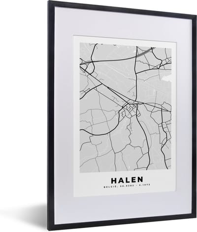 Fotolijst incl. Poster Zwart Wit- Zwart Wit – België – Plattegrond – Stadskaart – Kaart – Halen - 30x40 cm - Posterlijst