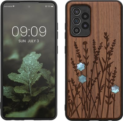 kwmobile telefoonhoesje geschikt voorSamsung Galaxy A52 / A52 5G / A52s 5G - Hoesje met bumper - hout - In donkerbruin Parelmoer lavendel design