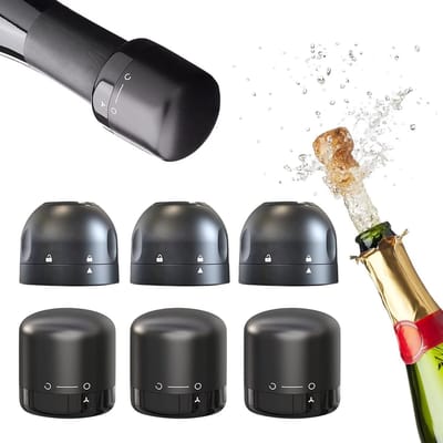 Champagnestop - wijnstop - flessenstopper -Herbruikbaar - vacuüm verzegeld - ABS - Eetbare siliconen - Zwart - 6 stuks