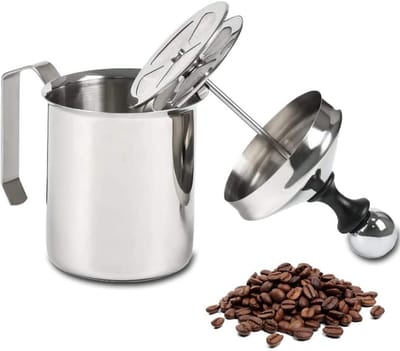 GELLDG Handmatige melkschuimer - 500 ml - Roestvrij staal - Melkschuimkan - Dubbel zeefje en speciaal persmechanisme - Creëert perfect melkschuim