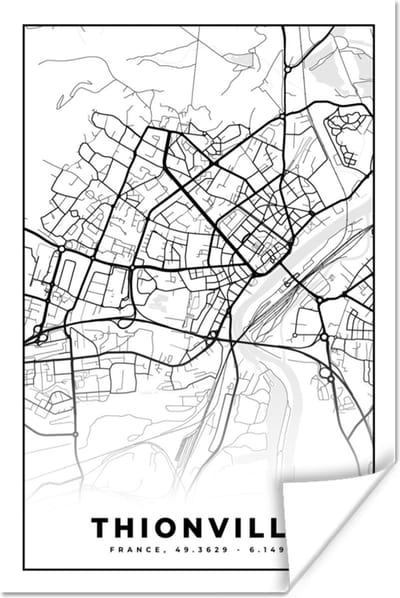 Poster Frankrijk - Thionville - Plattegrond - Stadskaart - Kaart - Zwart wit - 120x180 cm XXL