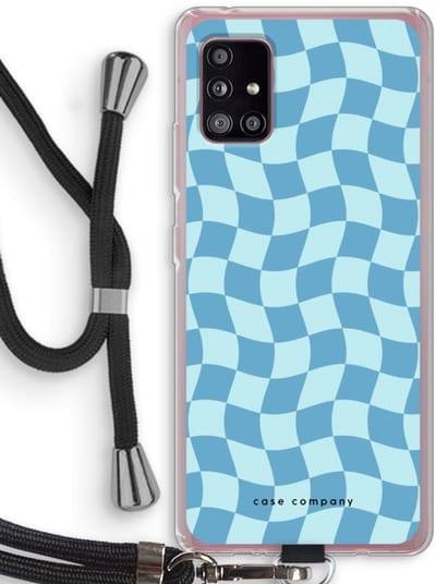 Case Company® - Hoesje met koord geschikt voor Samsung Galaxy A51 5G hoesje met Koord - Grid Blauw - Telefoonhoesje met Zwart Koord - Bescherming aan alle Kanten en Over de Schermrand