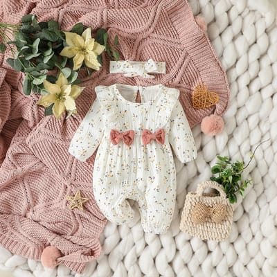 Combinaison Imprimée Florale à Manches Longues Toutes Saisons pour Bébé Fille Avec Nœud Tenue Quotidienne Pour Nouveau-né-6 Mois + Bandeau 0-1M gray