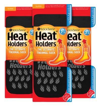 Heat Holders 3 paar pantoffelsokken voor heren met grips - Zwart Grijs