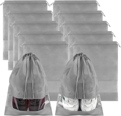 10 Stuks Schoenenzakken voor Reizen – Grote Opbergzakken voor Schoenen met Trekkoord en Transparant Venster – Ademende Reis Organizer voor Sneakers, Sportschoenen en Koffers – Grijs