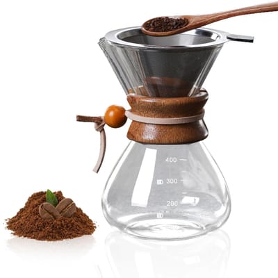 Dailygoods- Koffiezetapparaat 400 ml - Koffiemachine voor infusie - Roestvrijstalen filter - Glas karaf - Compact formaat - Elegante houten hals - Koffiemaker
