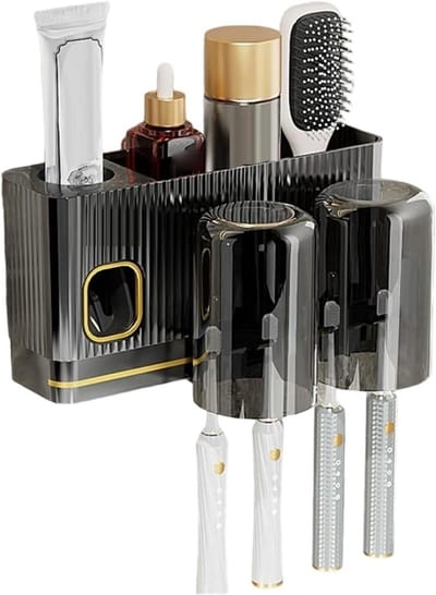 Tandenborstelhouder - Badkamer Organizer - Hygiënisch Opbergen - Met Tandpasta Dispenser - 13x22x13 cm - Zwart