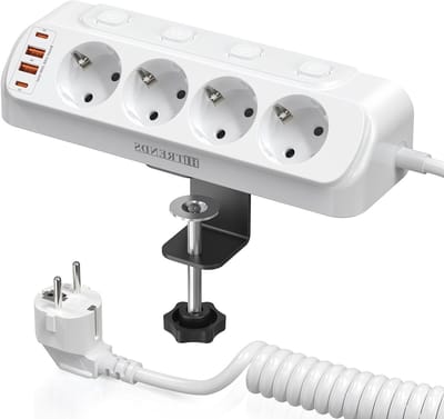 Tafelaansluiting met USB C PD 20 W, 4 Individuele Schakelaars, 4-Weg Hoekstopcontact, Meerdere Stopcontacten met Veerkabel, 2 m Kabel en Overspanningsbeveiliging, Wit
