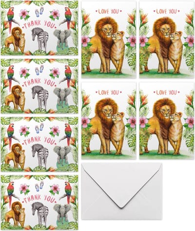Kaartenset love & thanks - 10 stuks - 5 bedankkaarten - 5 liefdeskaarten - A6 - Gevouwen wenskaarten met envelop - Papegaai - Zebra - Olifant - Leeuwen - Schilderingen in aquarel door Mies to Go