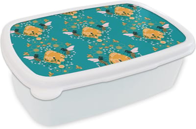 Broodtrommel Wit - Lunchbox - Brooddoos - Bij - Bijenkorf - Patronen - 18x12x6 cm - Volwassenen