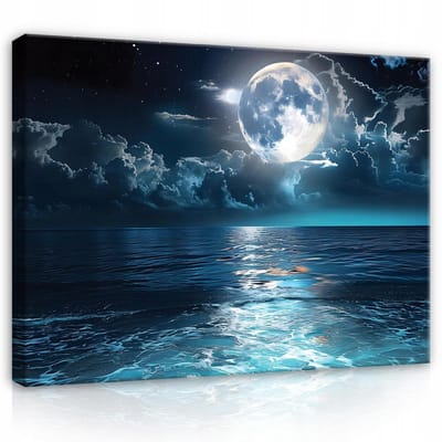 WALLARENA - Canvas schilderij - 100x70 cm - Maan Nacht Zee Slaapkamer Woonkamer Modern