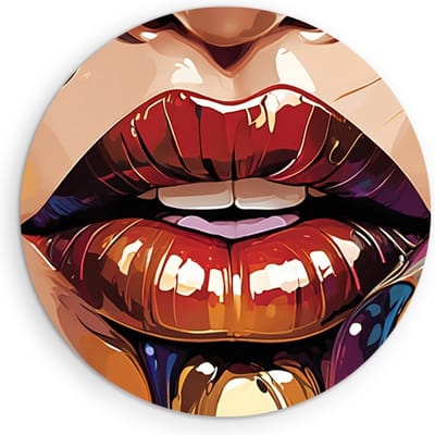 Saammp Muurcirkel Hout - Vrouw - Rode lippen - Kleurrijk - abstract - Ø 90 - Wandcirkel - Wanddecoratie Cirkel - Muurdecoratie Woonkamer - Slaapkamer decoratie - Rond Schilderij