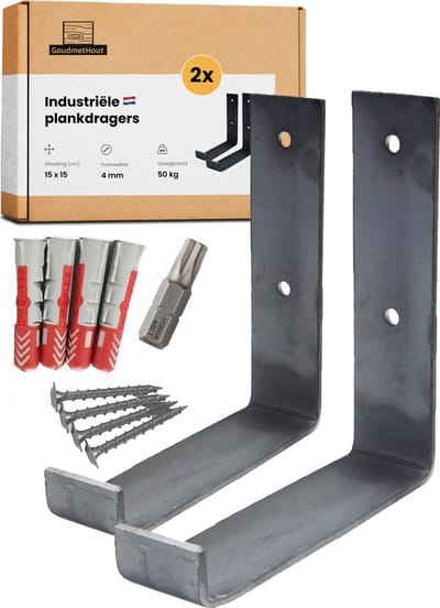 GoudmetHout® Industriële Plankdragers L-vorm UP - 15 cm - Stalen Plankdrager voor Wandschap, Muurrek of Wandconsole - Max 50 kg - 2 Stuks - Zonder Coating