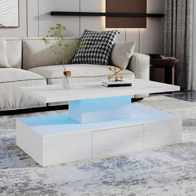 HAUSS SPOLE Salontafels - Hoogglans Salontafel Met 16-Kleur LED En 1 Lade - Open Opbergruimte - 100x50x39 cm - Spaanplaat - Wit