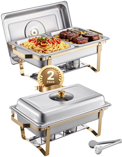 LUMÈ STORE Luxe Buffetset - Roestvrijstaal - Buffetwarmer - 2 Stuks - Catering - Chaving Dish Set - 3.8 L Per Pan - Zilver/Goud
