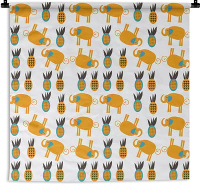 Wandkleed - Wanddoek - Olifant - Ananas - Geel - Patroon - 180x180 cm - Wandtapijt