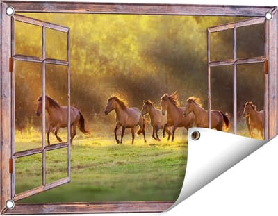 Gards Tuinposter Doorkijk Kudde Bruine Paarden in de Wei - 60x40 cm - Tuindoek - Tuindecoratie - Wanddecoratie buiten - Tuinschilderij