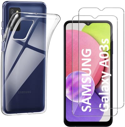 Hoesje Ultraslank geschikt voor Galaxy a03s backcover siliconen Transparant en 2 stuks ScreenProtector Gehard Glas