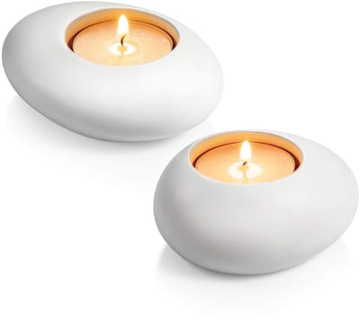 Unyqoos ® Tijdloze Elegantie Theelichthouder Set van Keramiek met Unieke Steenachtige Vormgeving, Wit, 2-Delig
