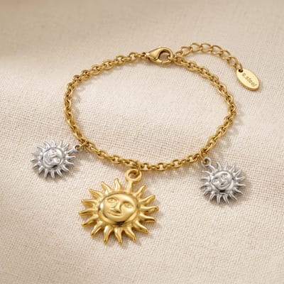 Lundholm Helia Armband Dames Goud- en Zilverkleurig - my Zomer Lente luxe Bedelarmband Vakantie - Premium Stainless Steel Jewellery - Drie Lachende Zon Hangers Schakelarmband - Vrouwen Cadeautjes Cadeau voor Haar - Scandinavisch Design