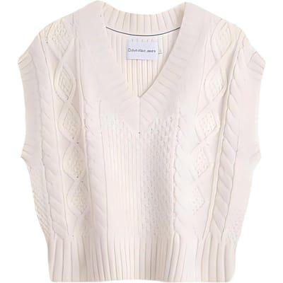 Calvin Klein Vintage Mélange Laine Décontracté Col V Tricot Câbles Gilet Femme Tops Blanc Lait J222342 S white