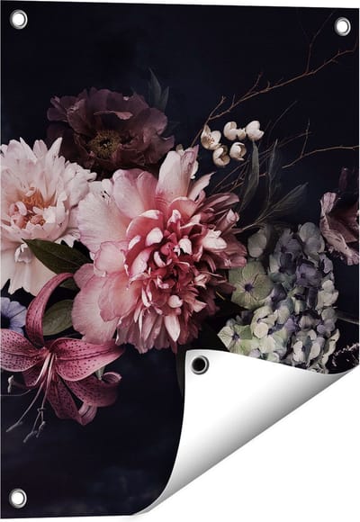 Gards Tuinposter Diverse Bloemen op Zwart Achtergrond - 40x50 cm - Tuindoek - Tuindecoratie - Wanddecoratie buiten - Tuinschilderij