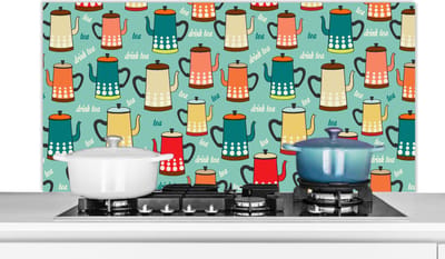 Spatscherm keuken 120x60 cm - Kookplaat achterwand Patronen - Thee - Theepot - Vintage - Muurbeschermer - Spatwand fornuis - Hoogwaardig aluminium