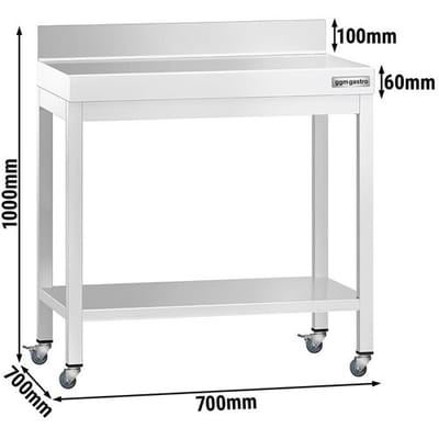 GGM Gastro Edelstahl Arbeitstisch PREMIUM - 700x700mm - mit Grundboden, Aufkantung & Rollen