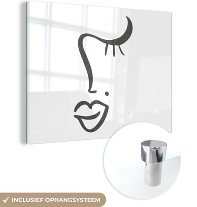MuchoWow® Glasschilderij 40x30 cm - Schilderij acrylglas - Vrouw - Gezicht - Minimalisme - Foto op glas - Schilderijen
