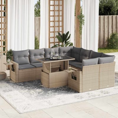 vidaXL - 9-delige - Loungeset - met - kussens - poly - rattan - beige