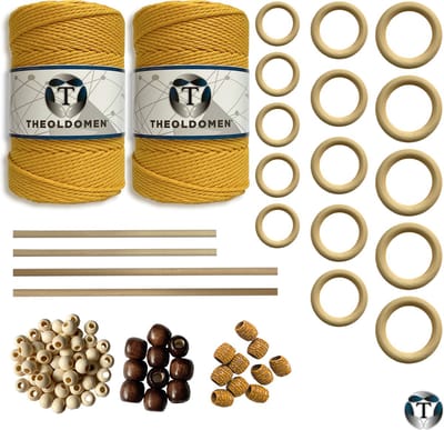 XXL Macramé Pakket | 400 METER | Incl. Handleiding | Oker | Starter Set | Ringen | Kralen | Stokken | Macramé Touw | 3mm | 100% Katoen | Macramé | Decoratie | DIY | Doe Het Zelf | Wandkleed | Dromenvanger | Plantenhanger | Tassen | TheOldOmen