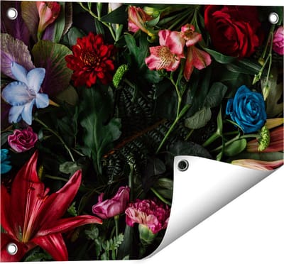Gards Tuinposter Kleurrijke Bloemen met Groene Bladeren - 50x40 cm - Tuindoek - Tuindecoratie - Wanddecoratie buiten - Tuinschilderij