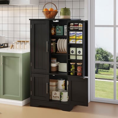DESMIU Hoge Opbergkast Met Led Sensorlicht En Verstelbare Planken Voor Keuken Eetkamer Of Woonkamer Van Mdf Zwart 120x60x40 Cm